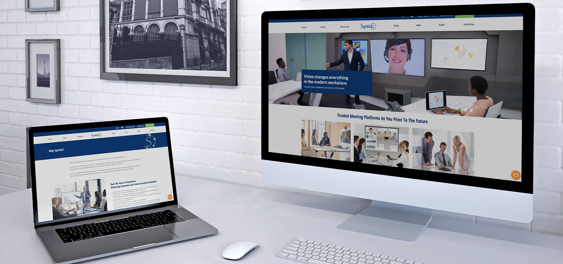 Syntela Conferencing's New Website shown on a desktop and laptop computer
